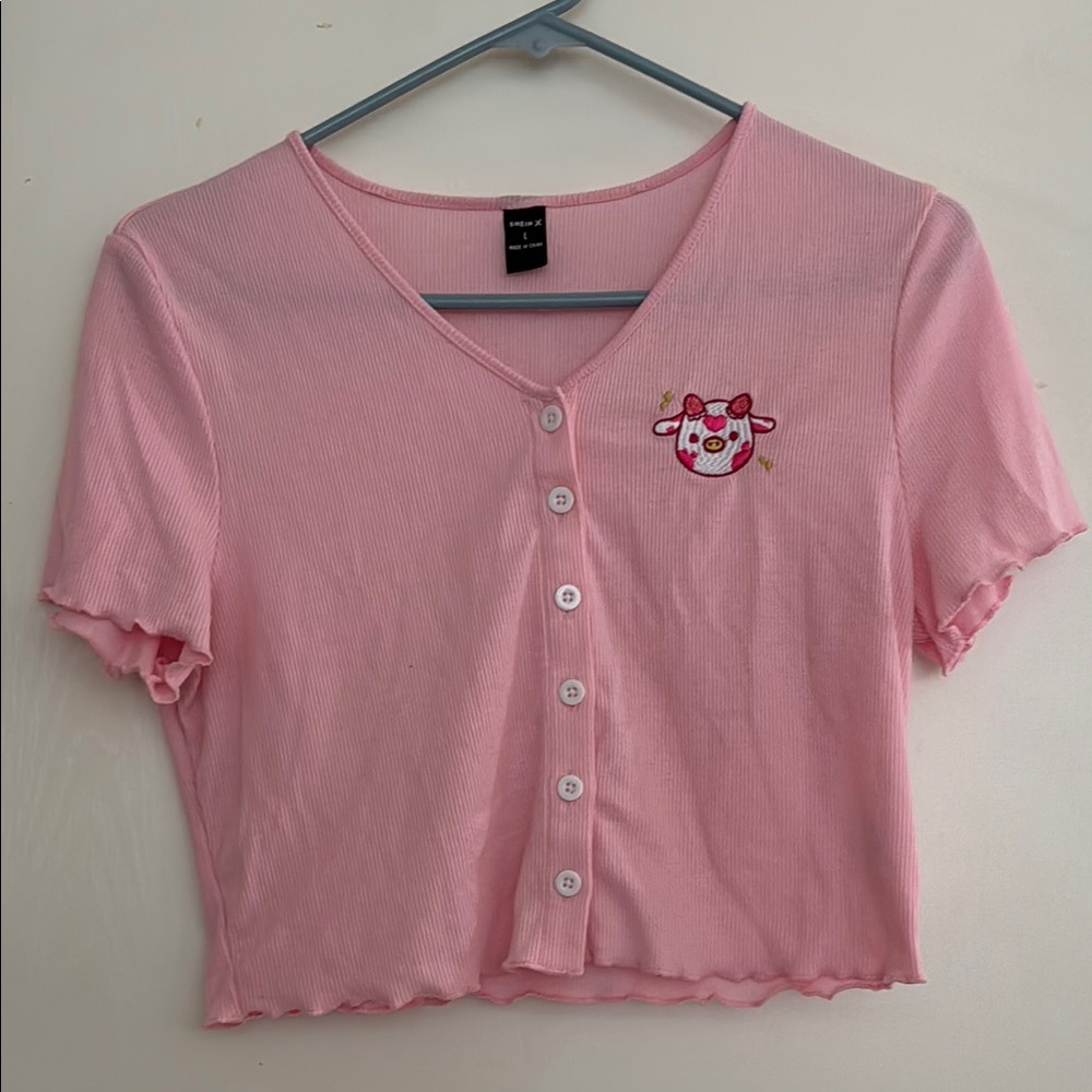 Shein Juniors Crop Top w/Embroidered Cow - Size Large